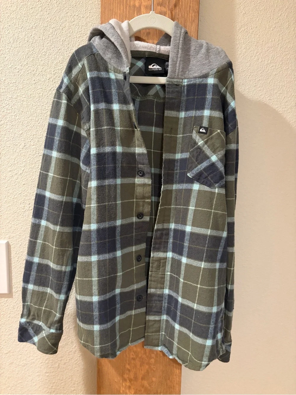 Quiksilver Olive, Navy & Light Blue Plaid Hooded Flannel Shirt